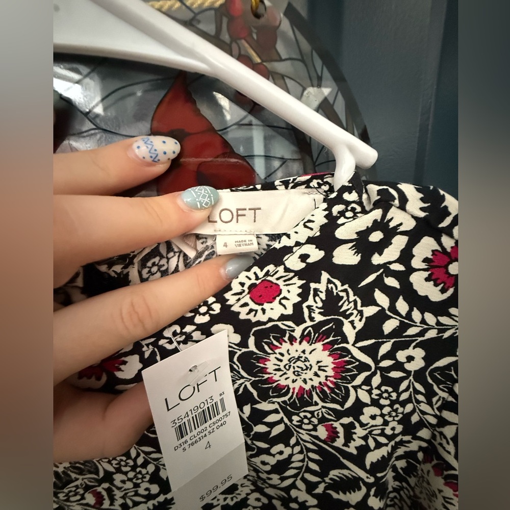 LOFT Black and White Floral Dress with Red Accents